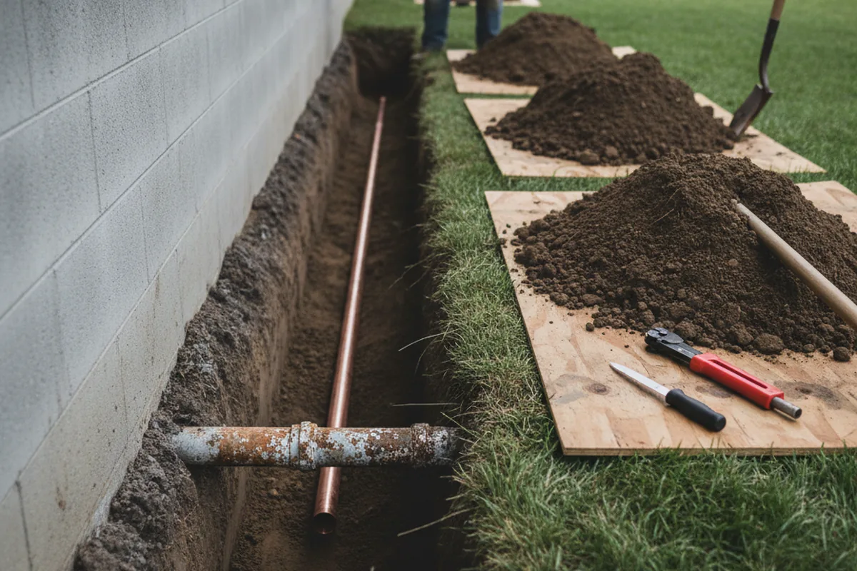 Excavated water line trench during Sewer Line Repair in Calabasas
